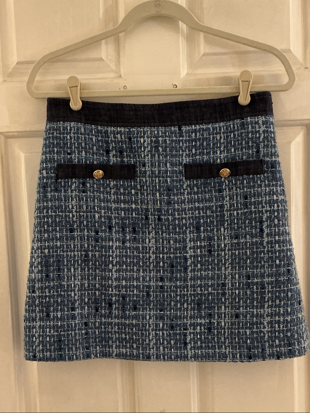 Ann Taylor LOFT Blue Woven Tweed Denim Trim Crest Button Pockets Skirt EUC 4